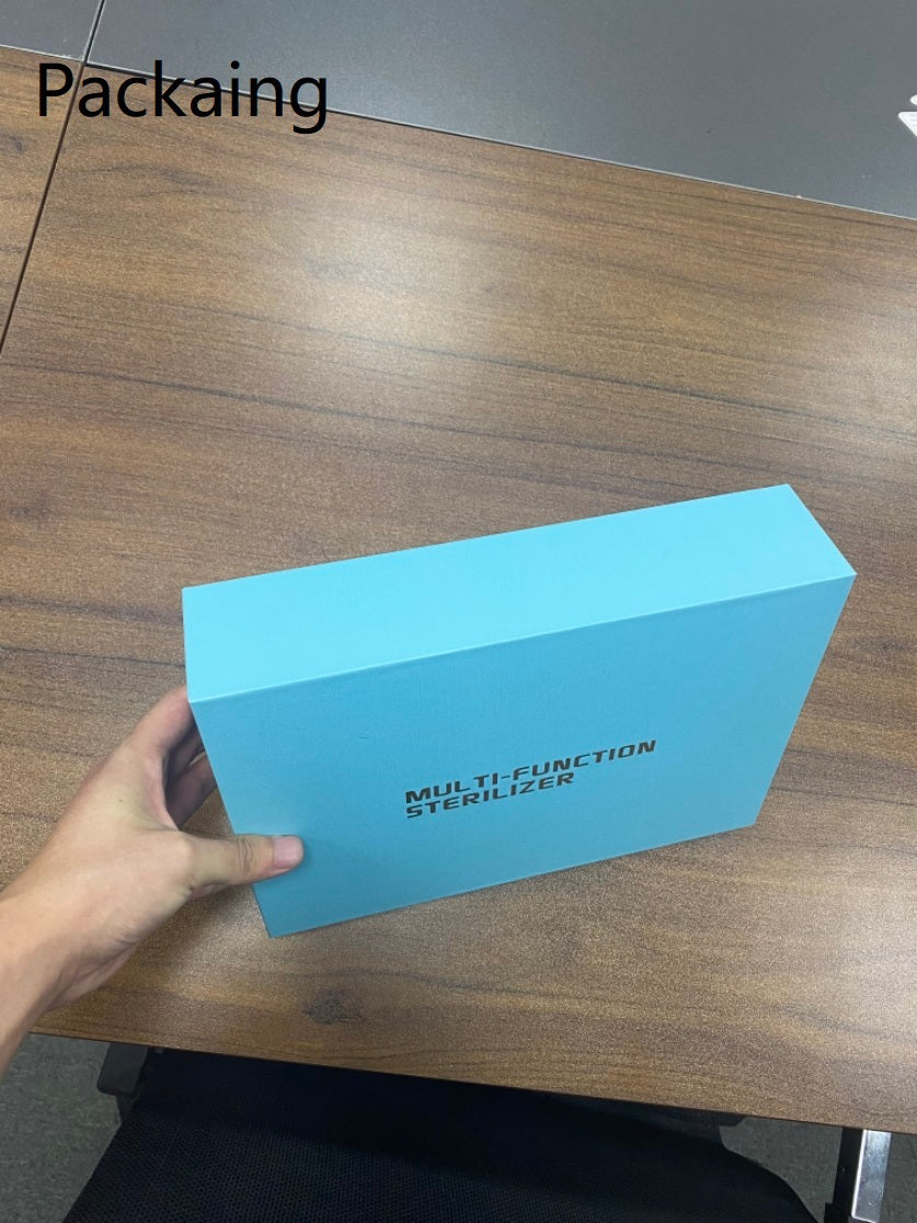 Blue packaging box labeled Multi-Function Sterilizer for UV Phone Sanitizer Box uv phone sanitizer box end