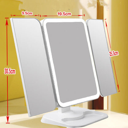 LED Vanity Makeup Mirror with detailed measurements of each panel, ideal for buyers seeking size specifications for vanity setup.