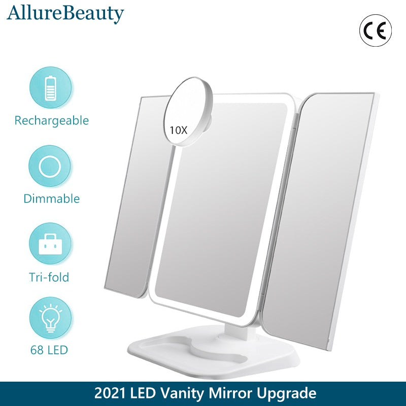 Rechargeable LED Vanity Makeup Mirror with 68 dimmable LEDs, tri-fold design, and 10X magnification for detailed beauty routines.