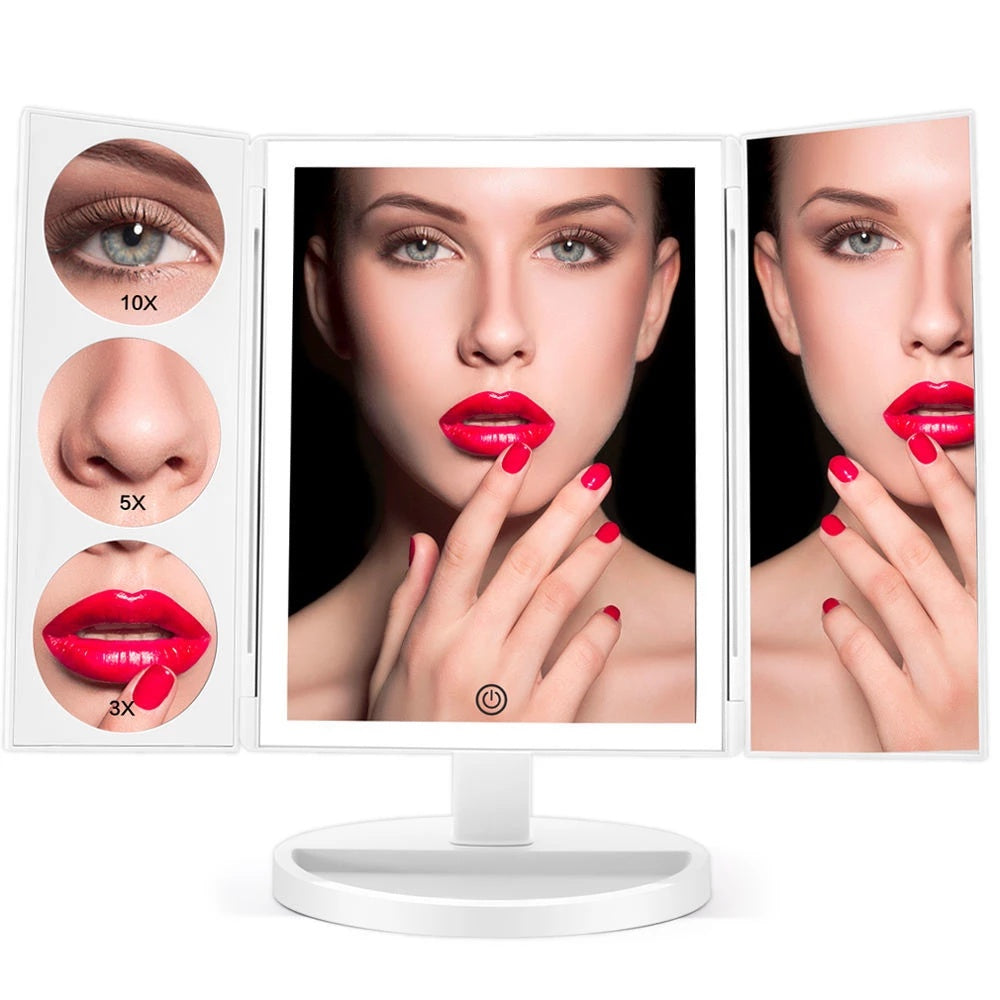 LED Vanity Makeup Mirror featuring 3X, 5X, and 10X magnification panels for detailed makeup application and grooming tasks.