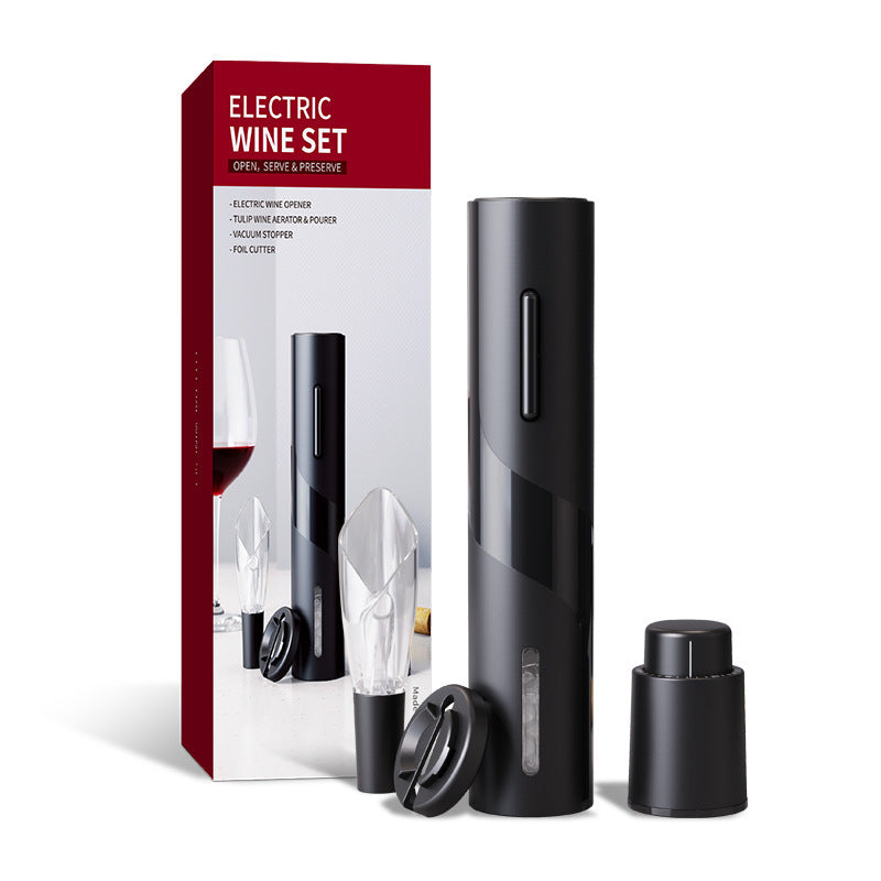 Electric Wine Opener set with aerator pourer, vacuum stopper, and foil cutter, designed for seamless wine serving and preservation.