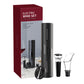 Electric Wine Opener set with sleek black design, wine pourer, stopper, and foil cutter, perfect for elegant wine service.