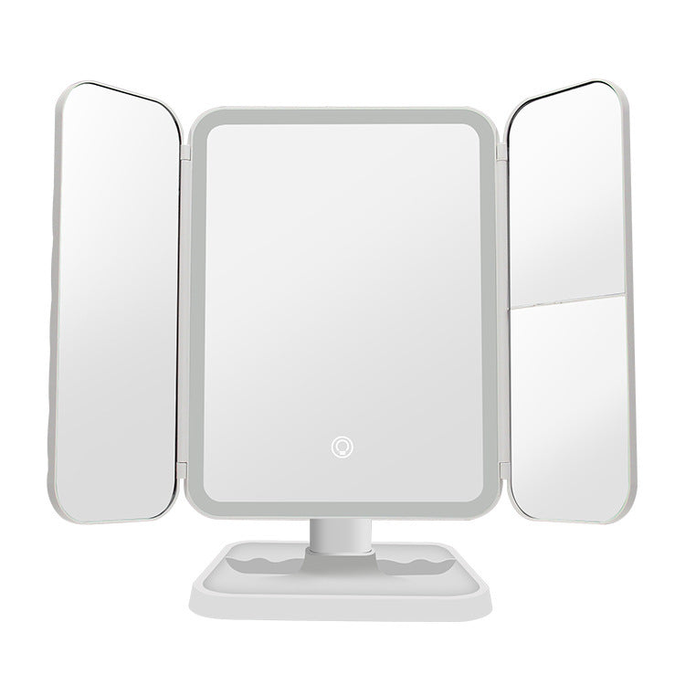 LED Vanity Makeup Mirror with touch sensor and tri-fold panels, offering bright lighting and adjustable angles for beauty routines.