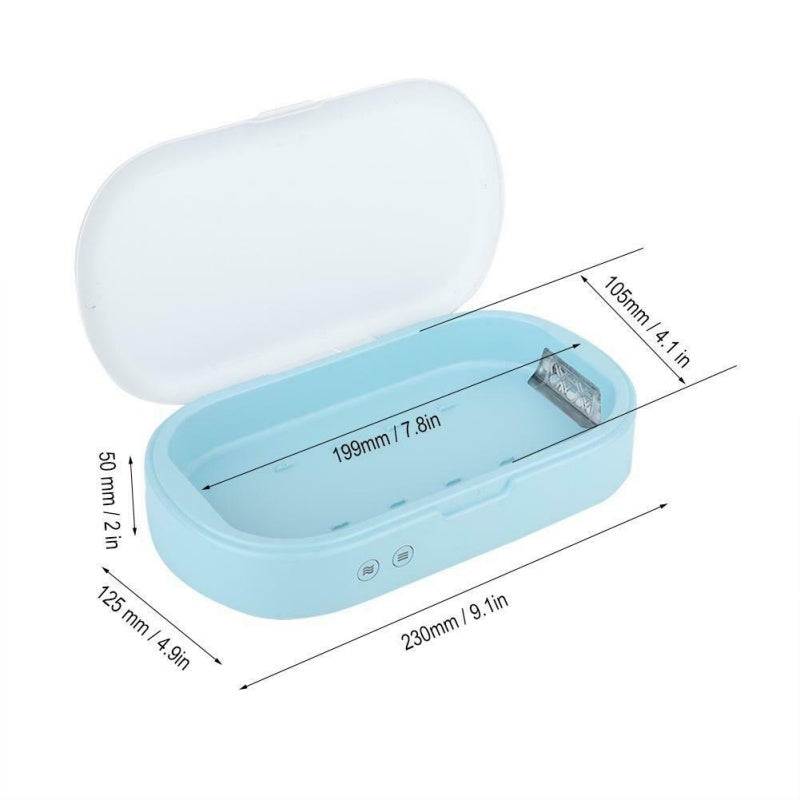 UV Phone Sanitizer Box with dimensions labeled, fits most smartphones and small accessories uv phone sanitizer box end