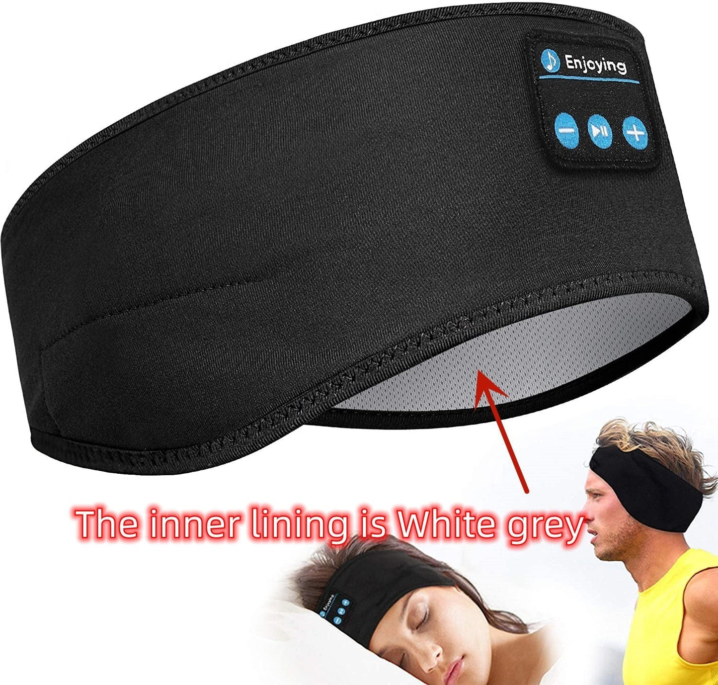 Black Bluetooth Sleep Headphones Headband with white-grey inner lining, designed for sleep and sports with built-in audio controls.