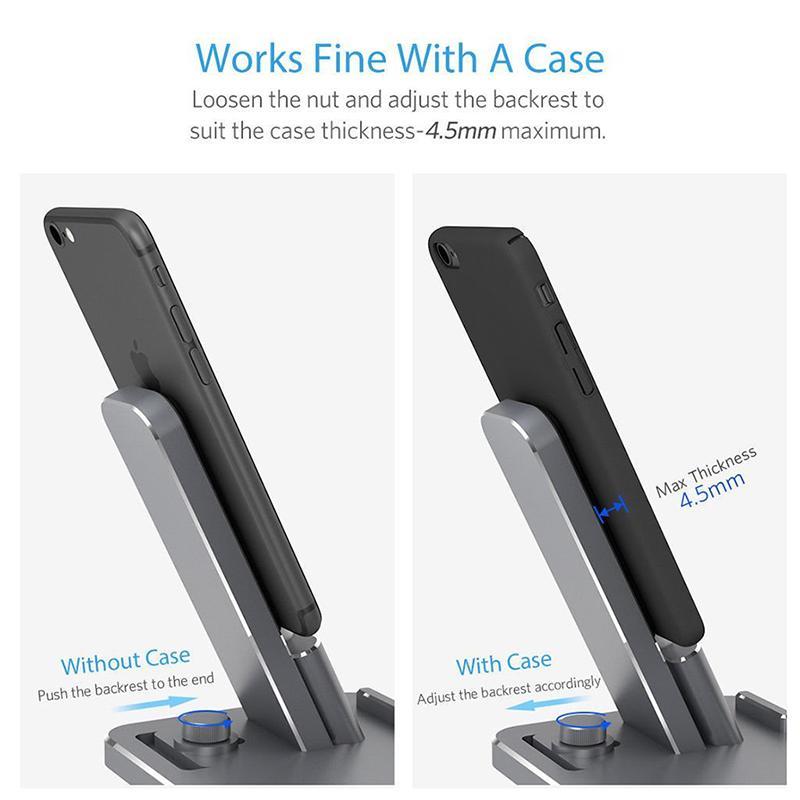 Side-by-side comparison of 4-in-1 charging dock showing phone compatibility with and without case up to 4.5mm thickness.