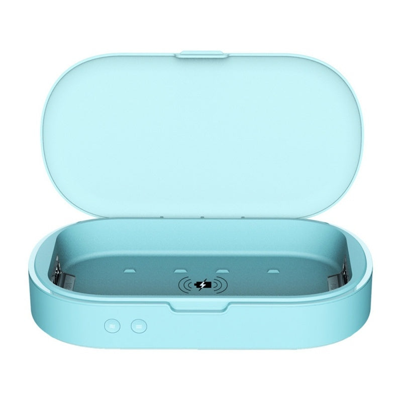 Empty UV Phone Sanitizer Box showing internal UV-C light area and wireless charging symbol uv phone sanitizer box end