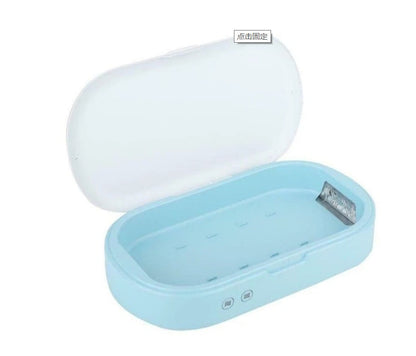 Open UV Phone Sanitizer Box in blue color, empty and ready for use with dual UV-C lamps uv phone sanitizer box end