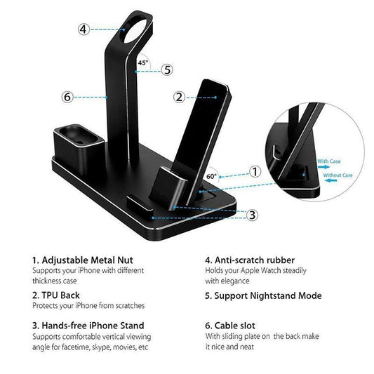 Black 4-in-1 Wireless Charging Dock with labeled features including adjustable angles, TPU back, and cable slot for efficient charging.
