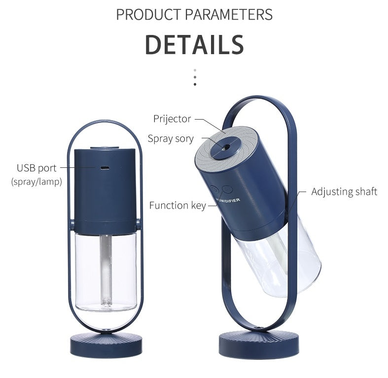 Detailed labeled diagram of USB Mini Humidifier showing USB port, spray nozzle, projector, and adjustable shaft features.