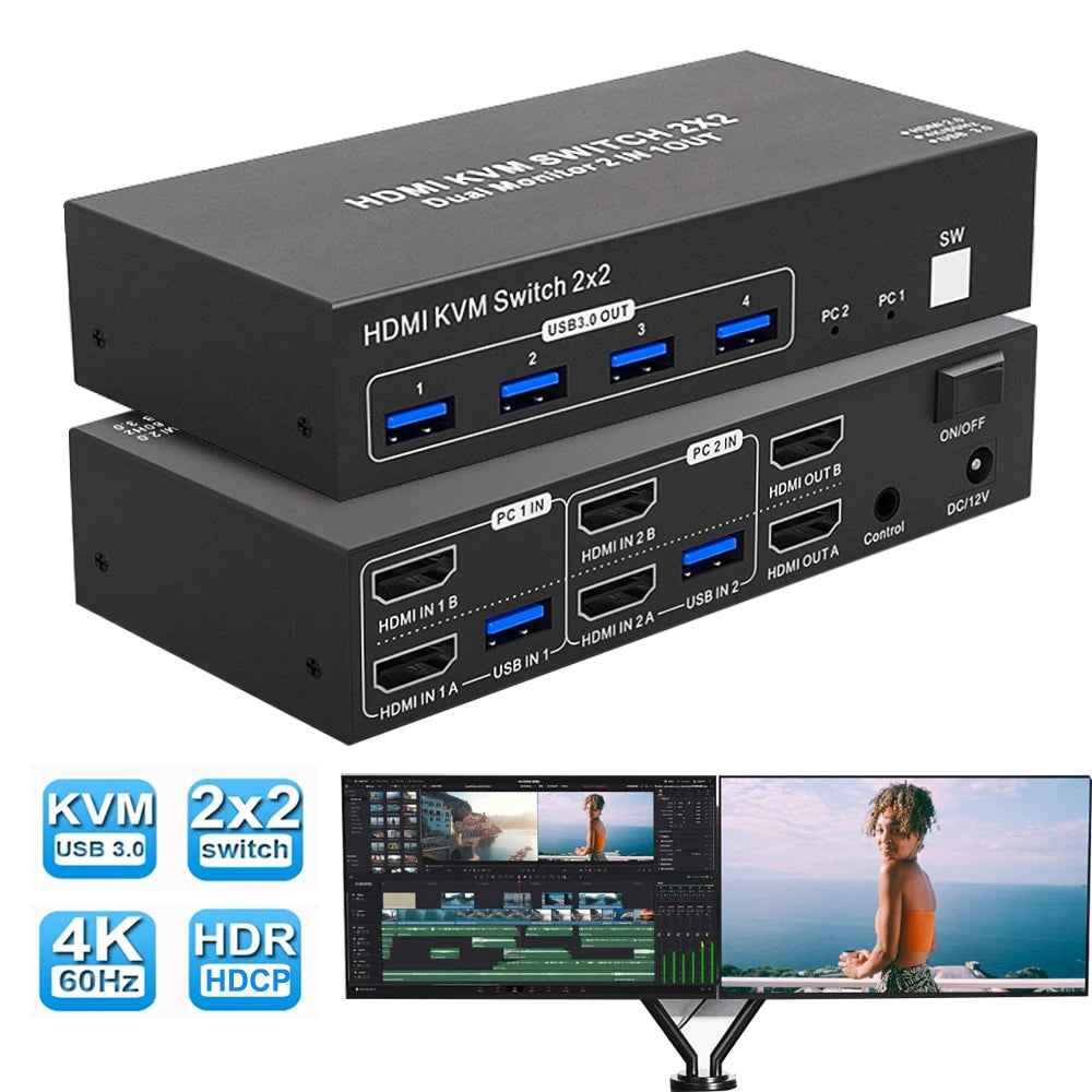 Dual Monitor 4K KVM Switch (2 PCs, One Keyboard & Mouse)