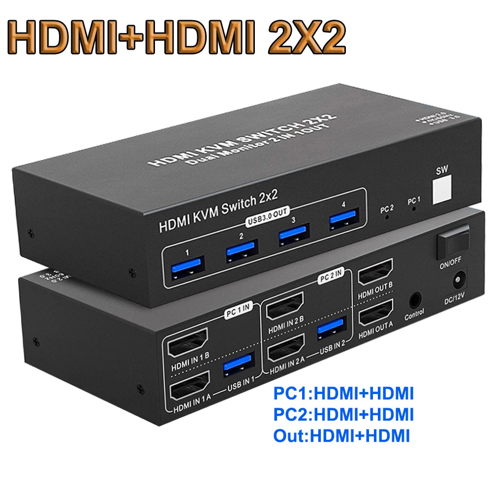Dual Monitor 4K KVM Switch (2 PCs, One Keyboard & Mouse)