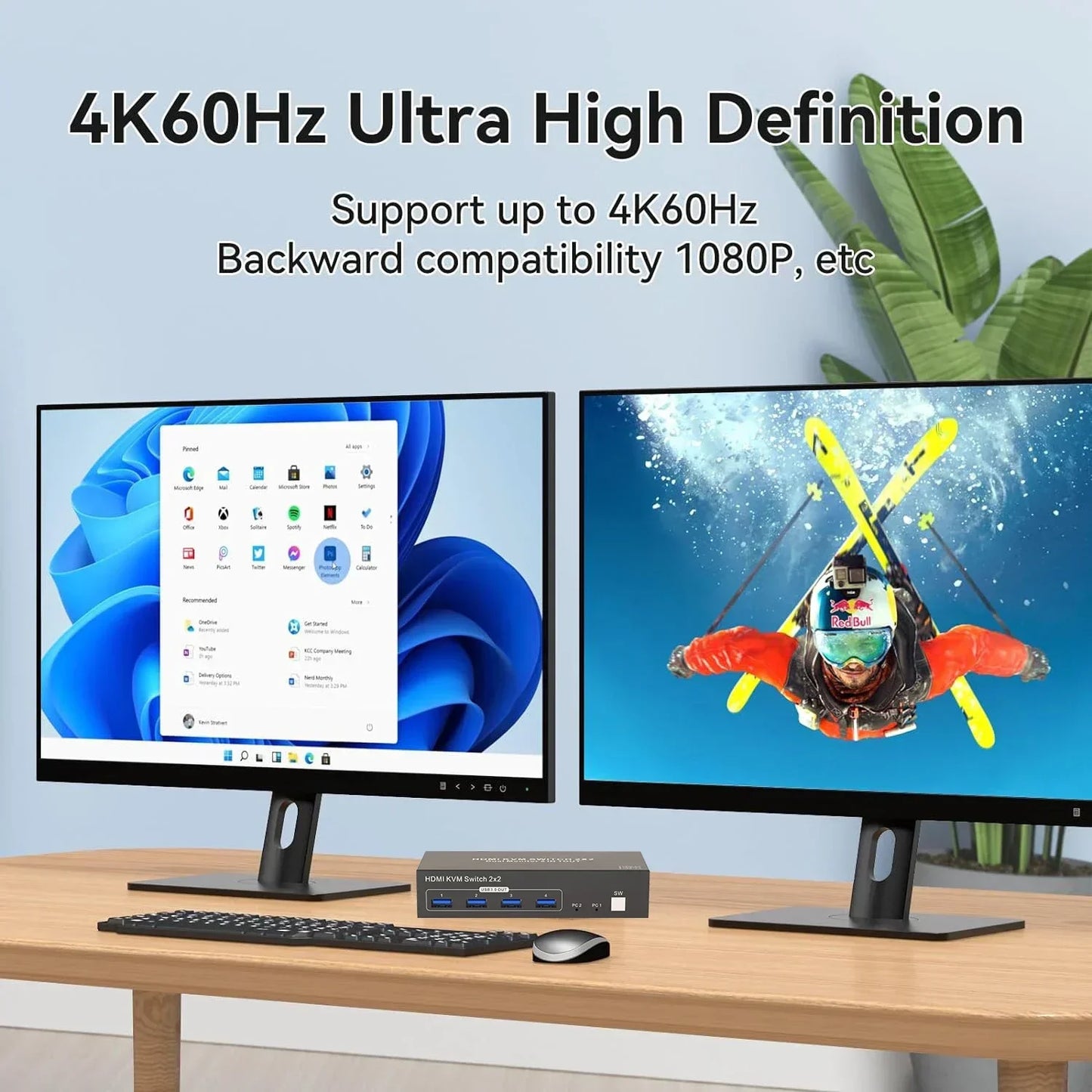 Dual Monitor 4K KVM Switch (2 PCs, One Keyboard & Mouse)