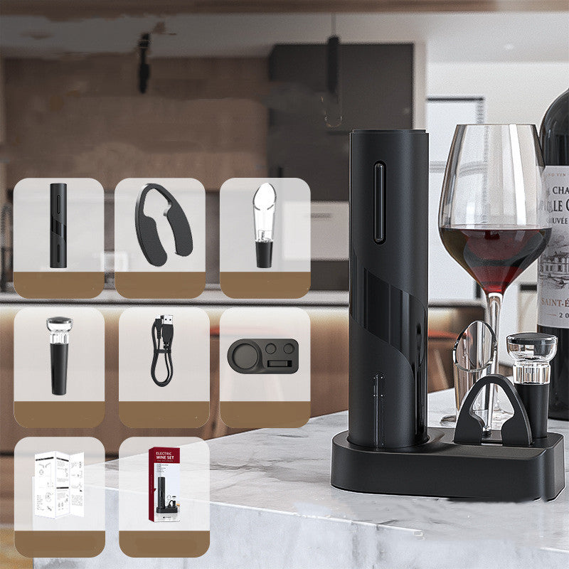 Complete Electric Wine Opener set with accessories and charging base, perfect for wine serving and preservation at home.