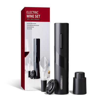 Electric Wine Bottle Opener kit with aerator and vacuum stopper, designed for easy wine opening and preservation at home.