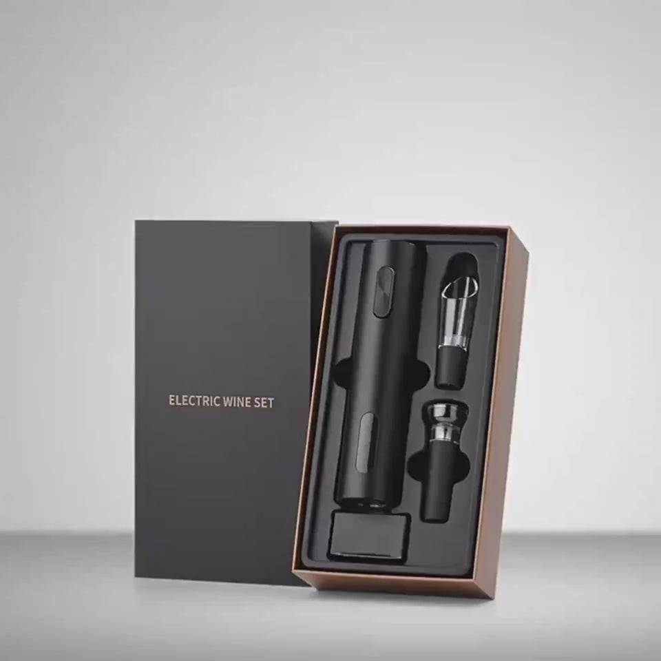 Electric Wine Set in premium box with opener, pourer, and stopper, perfect for gifting and home bar use.